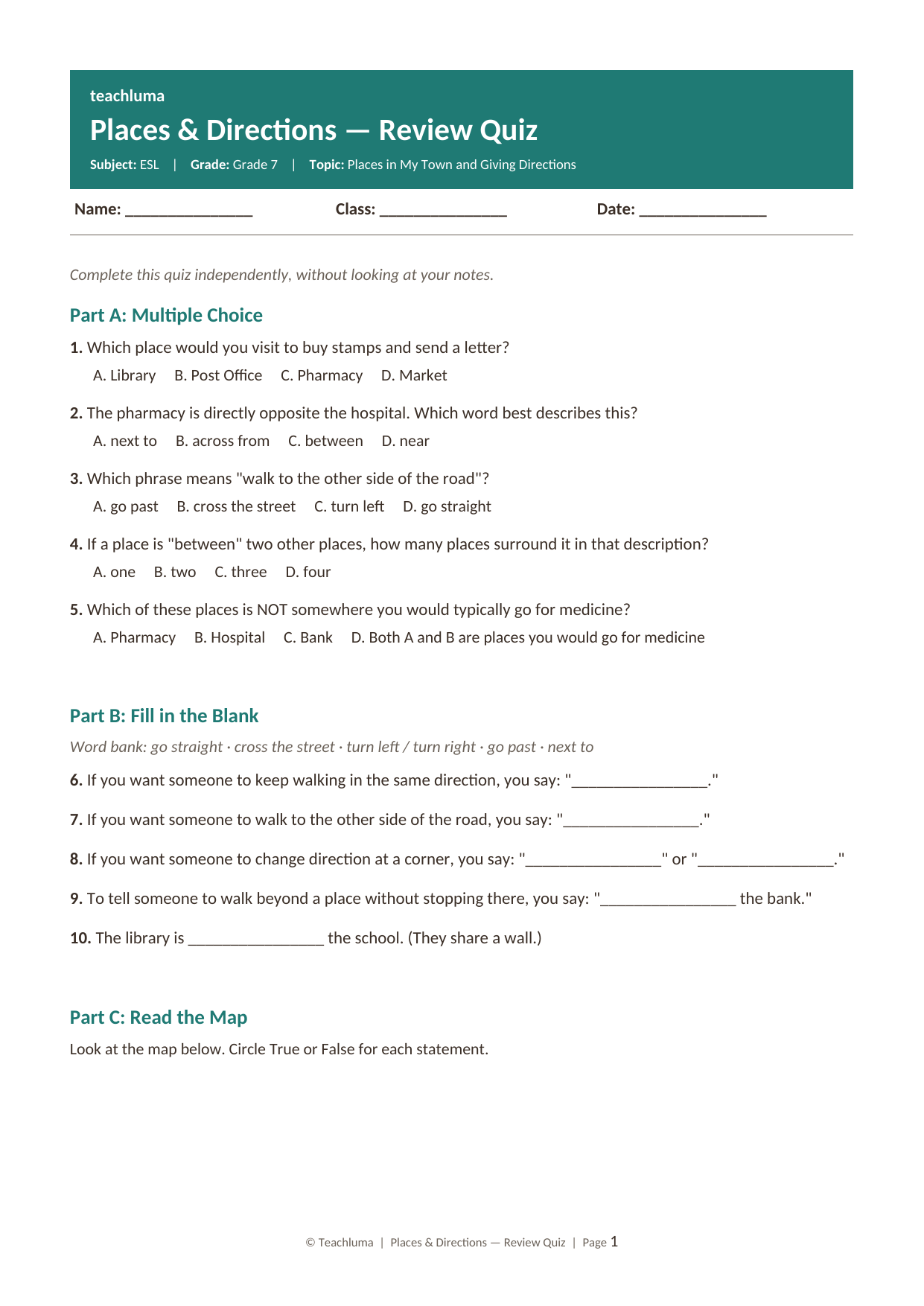 Grade 7 ESL Review Quiz: Places and Directions