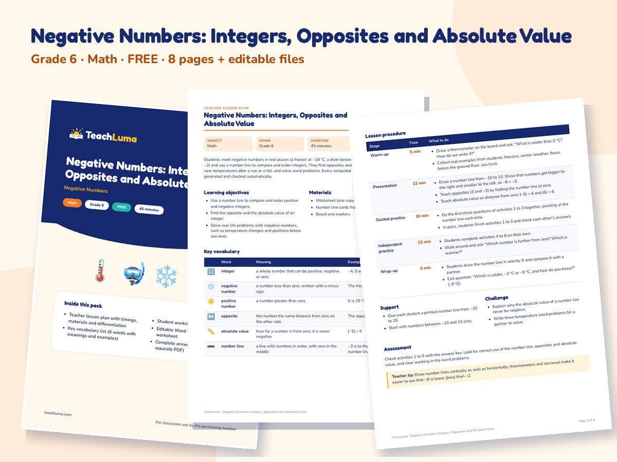 Preview of Negative Numbers: Integers, Opposites and Absolute Value