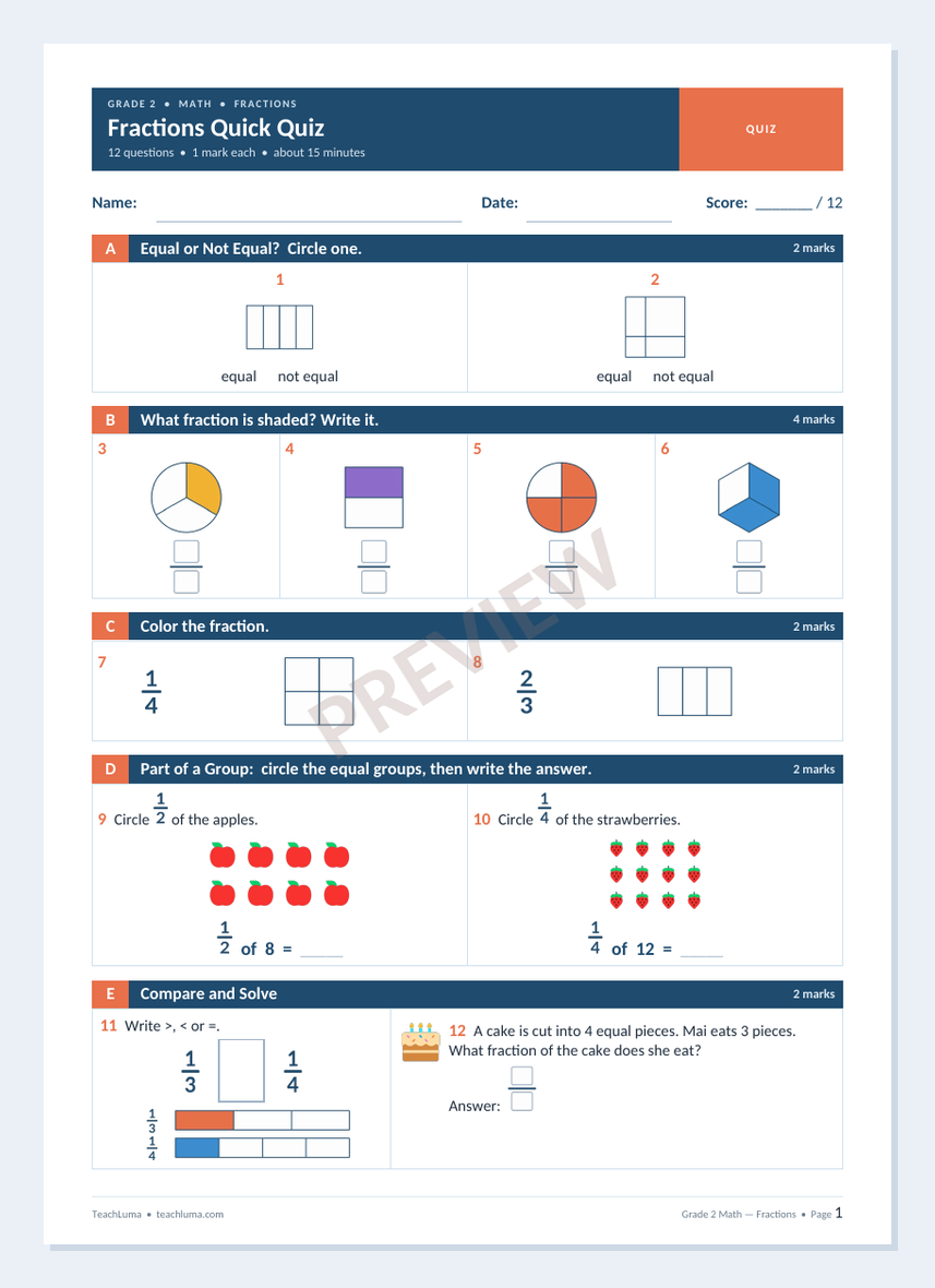 Preview of Grade 2 Math Quick Quiz: Fractions (12 Marks)