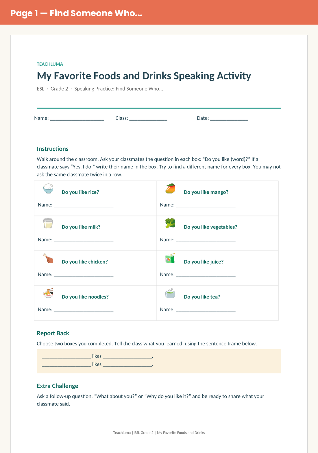Grade 2 My Favorite Foods and Drinks Speaking Activity: Find Someone Who...