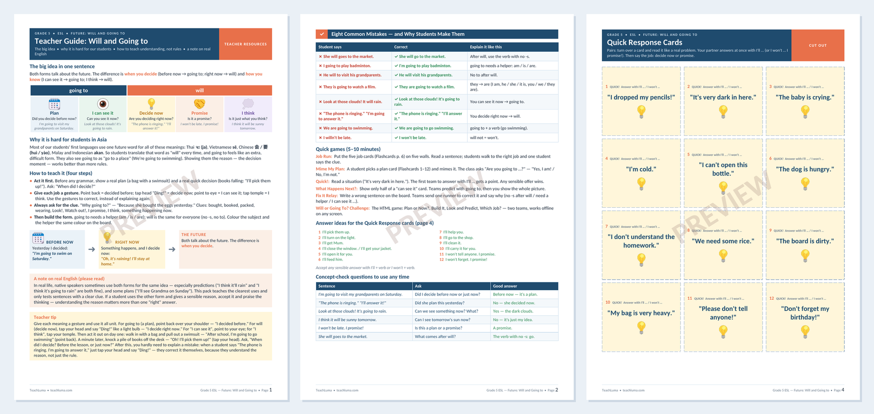 Preview of Grade 5 ESL — Future: Will and Going to — Teacher Resource