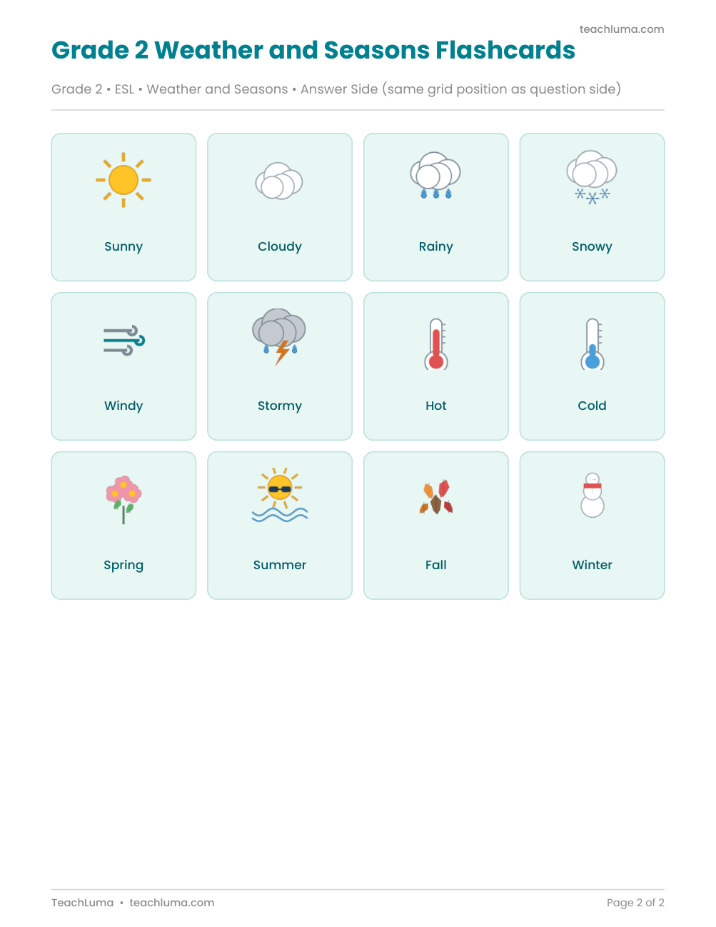 Preview of Grade 2 Weather and Seasons Flashcards (12 Print-and-Cut Cards)
