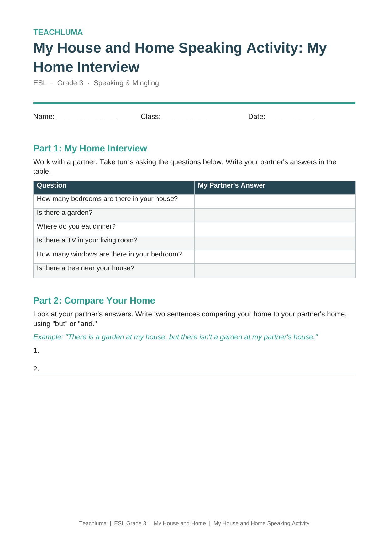 Grade 3 My House and Home Speaking Activity: My Home Interview