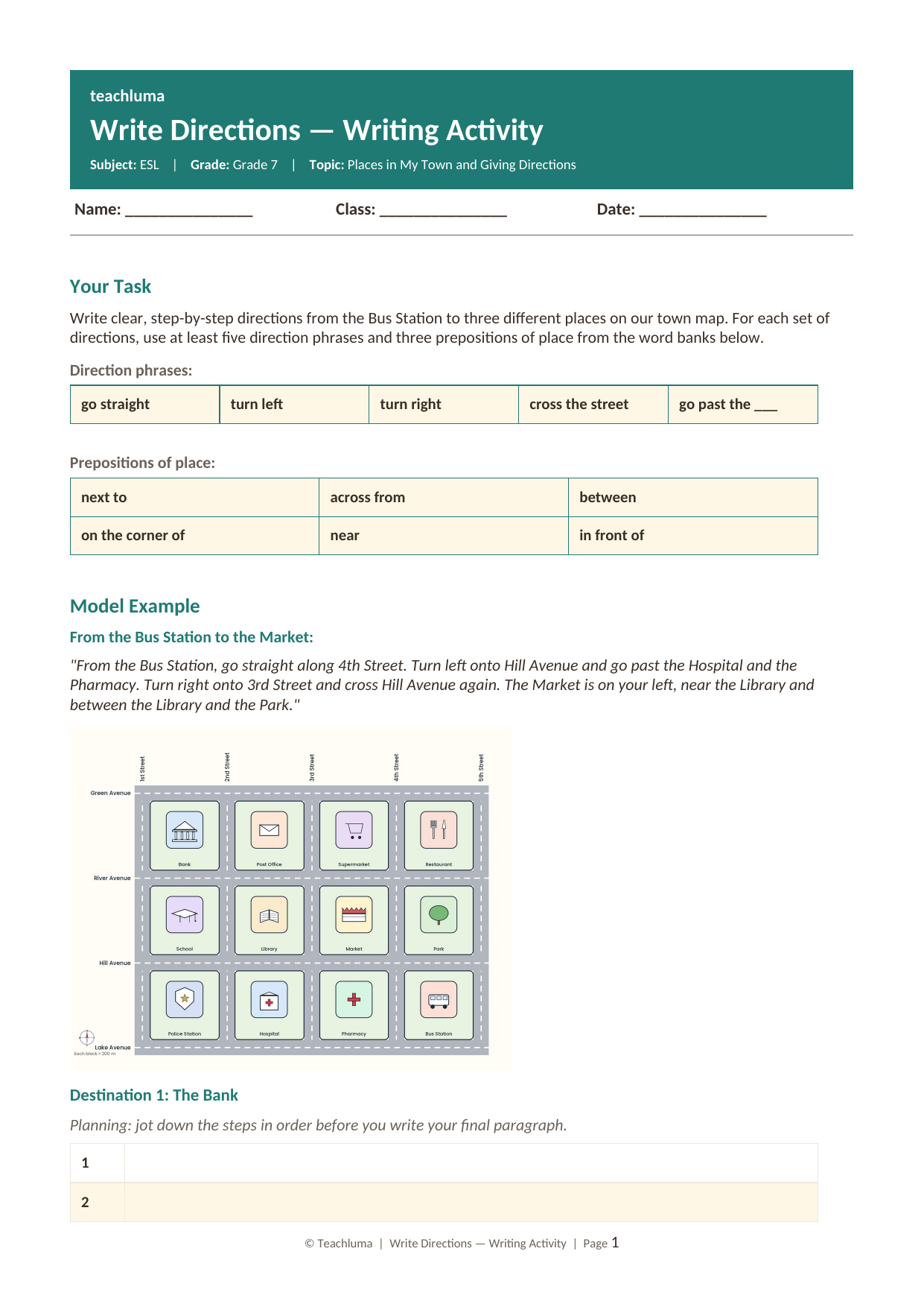 Grade 7 ESL Writing Activity: Write Directions from the Bus Station