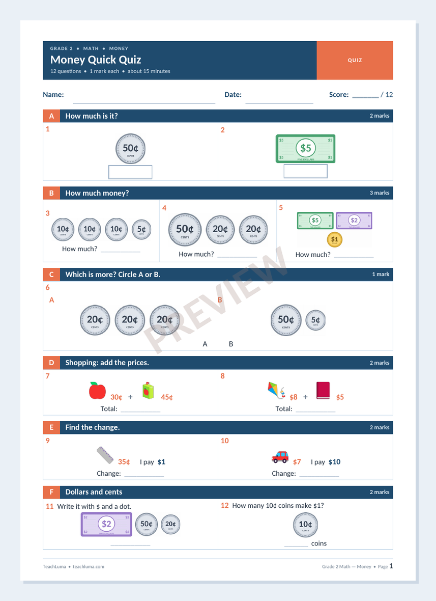Preview of Grade 2 Math Quick Quiz: Money (12 Marks)