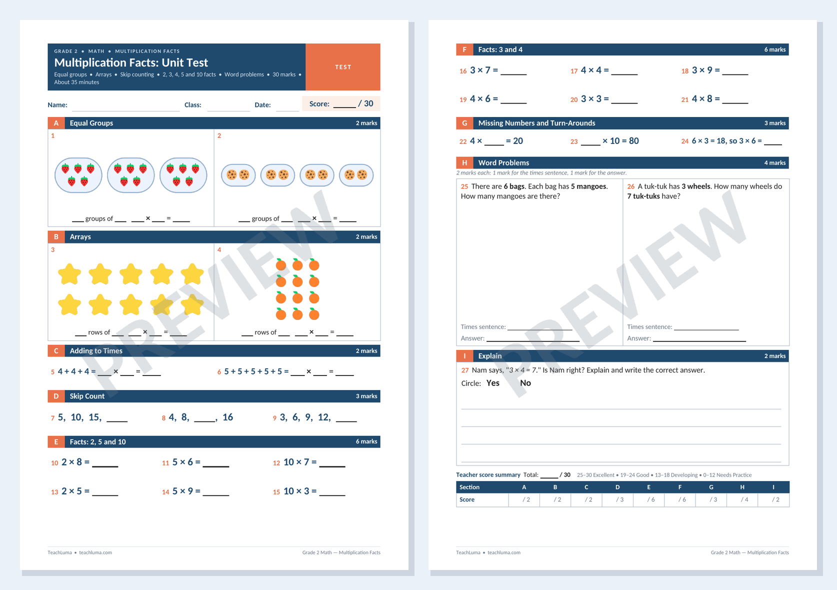 Preview of Grade 2 Math Unit Test: Multiplication Facts (30 Marks)