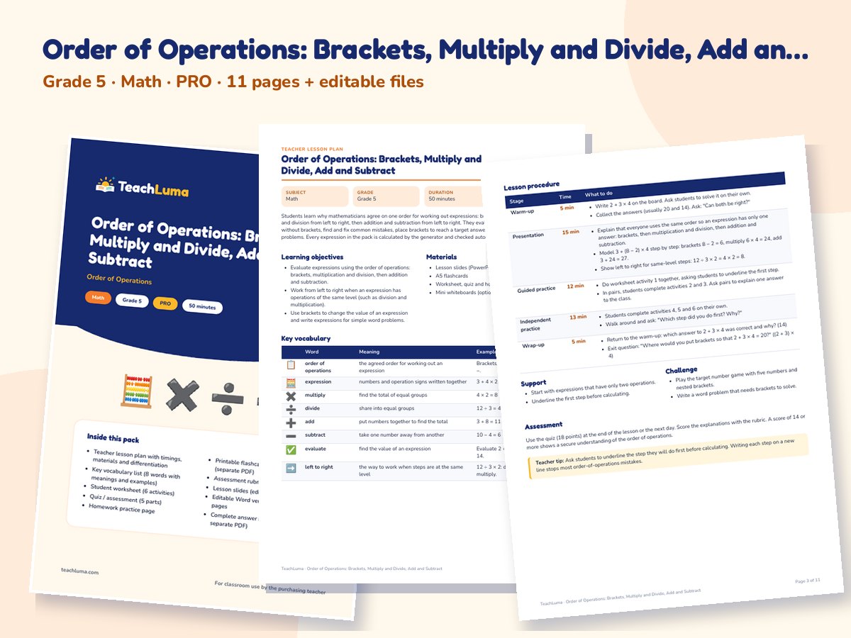 Preview of Order of Operations: Brackets, Multiply and Divide, Add and Subtract