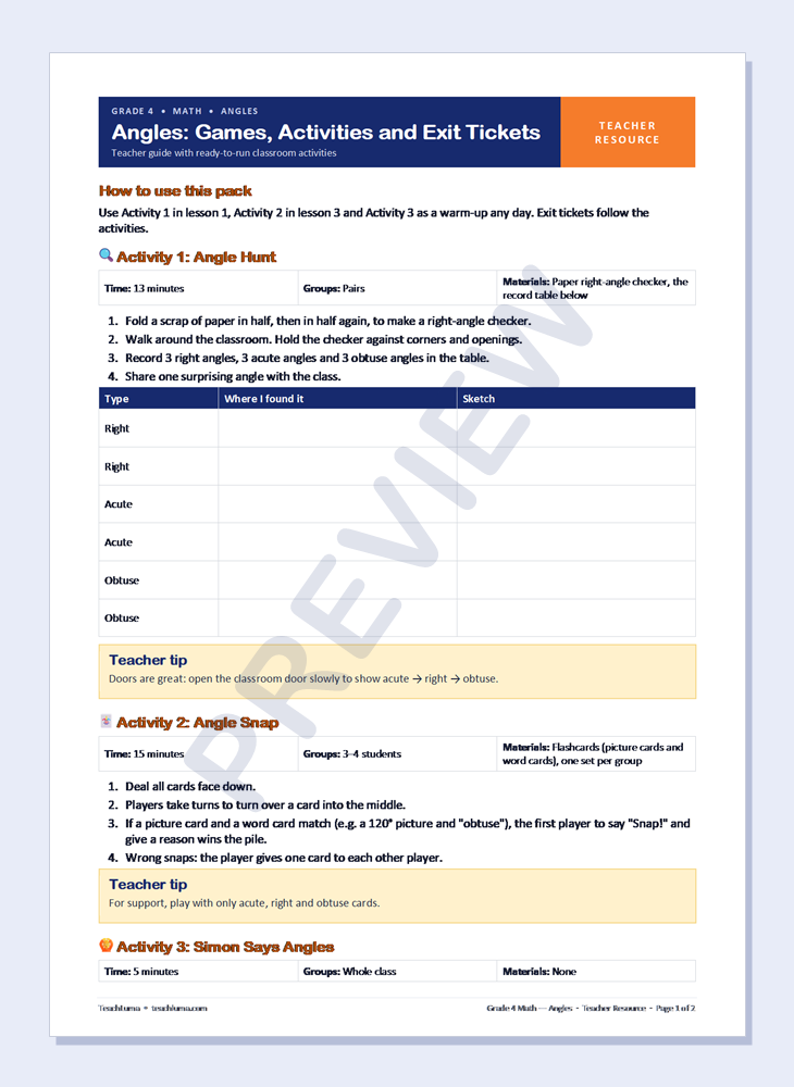 Preview of Grade 4 Math Teacher Resources: Angles — Games, Activities and Exit Tickets