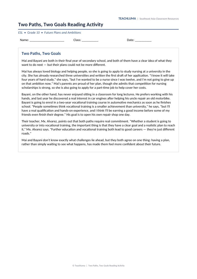 Grade 10 Two Paths, Two Goals Reading Activity
