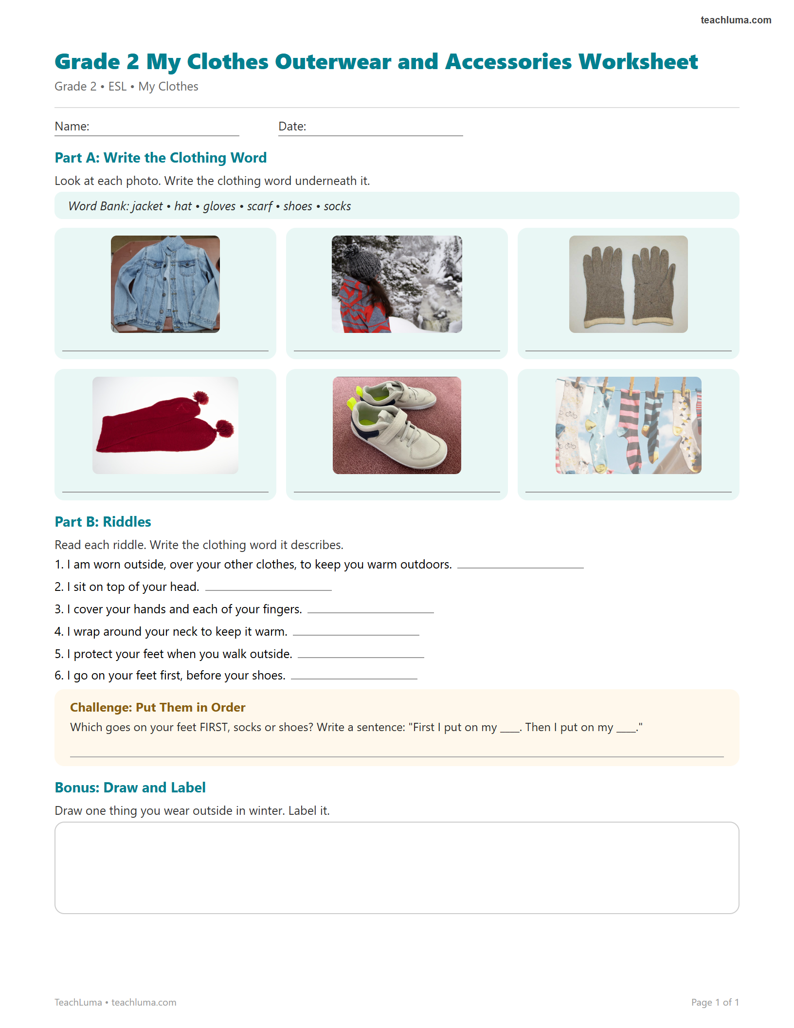 Preview of Grade 2 My Clothes Outerwear and Accessories Worksheet