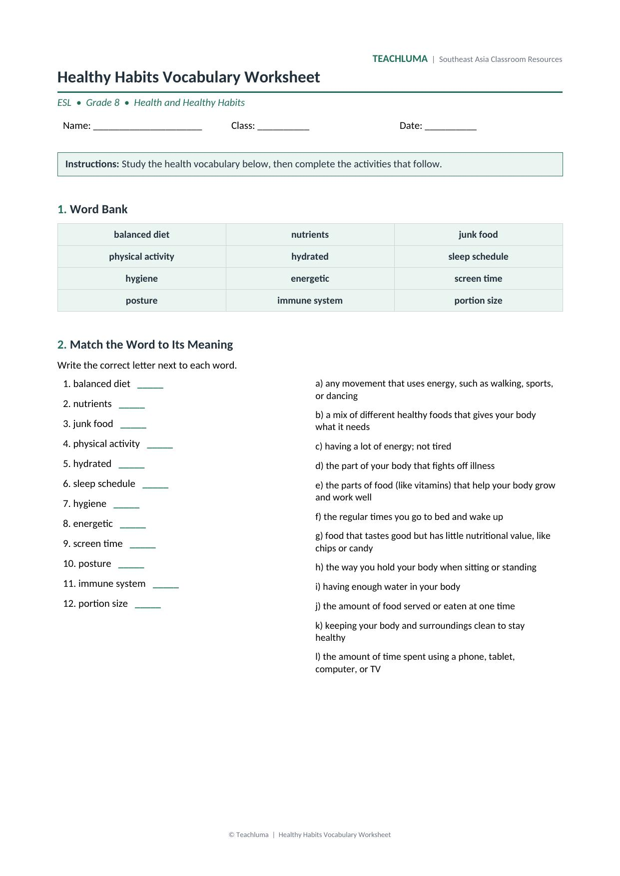 Healthy Habits Vocabulary Worksheet