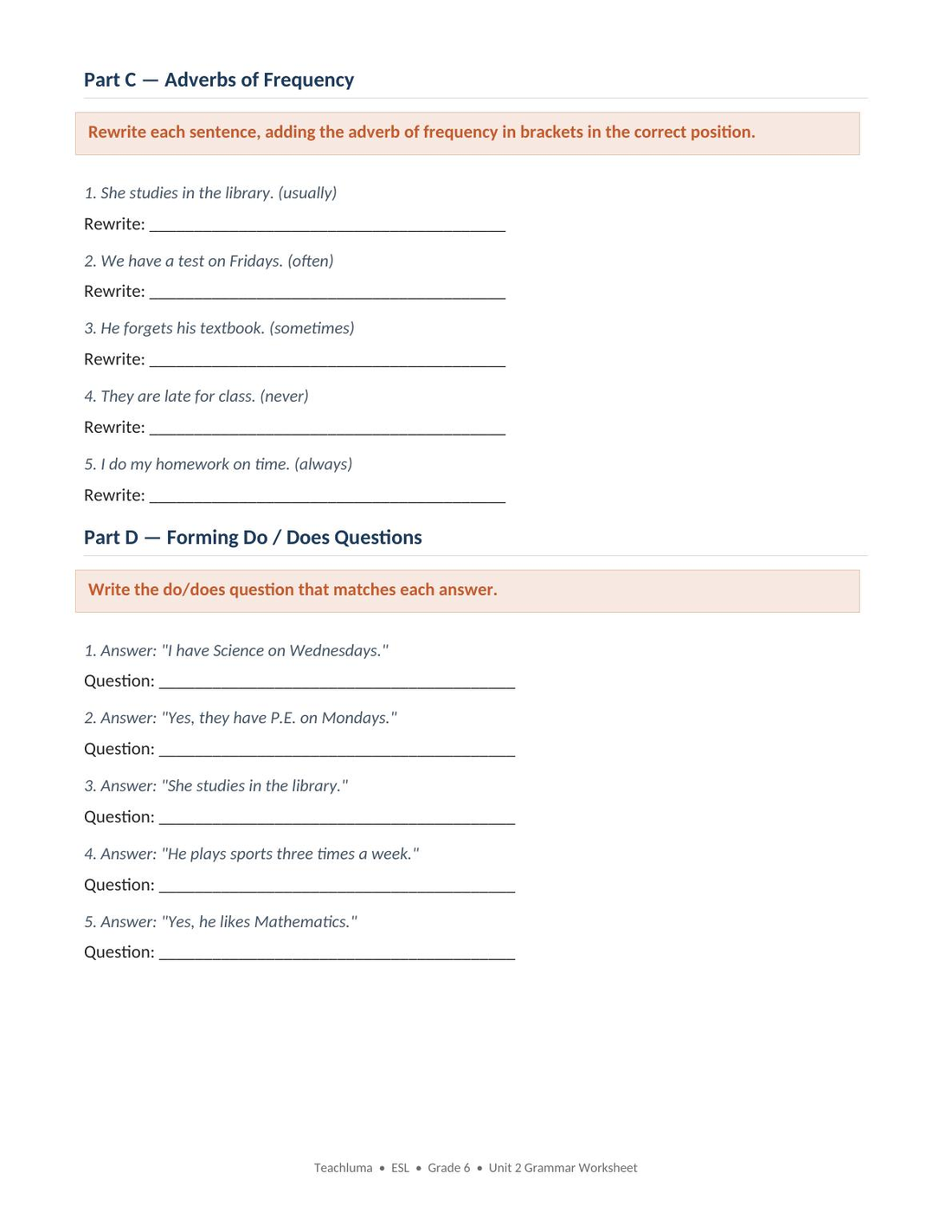 Unit 2 Grammar Worksheet — School Life & Learning Skills