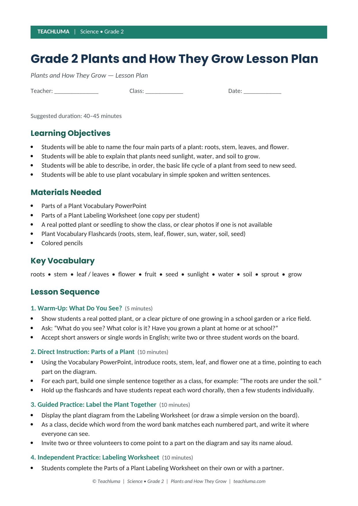 Grade 2 Plants and How They Grow Lesson Plan
