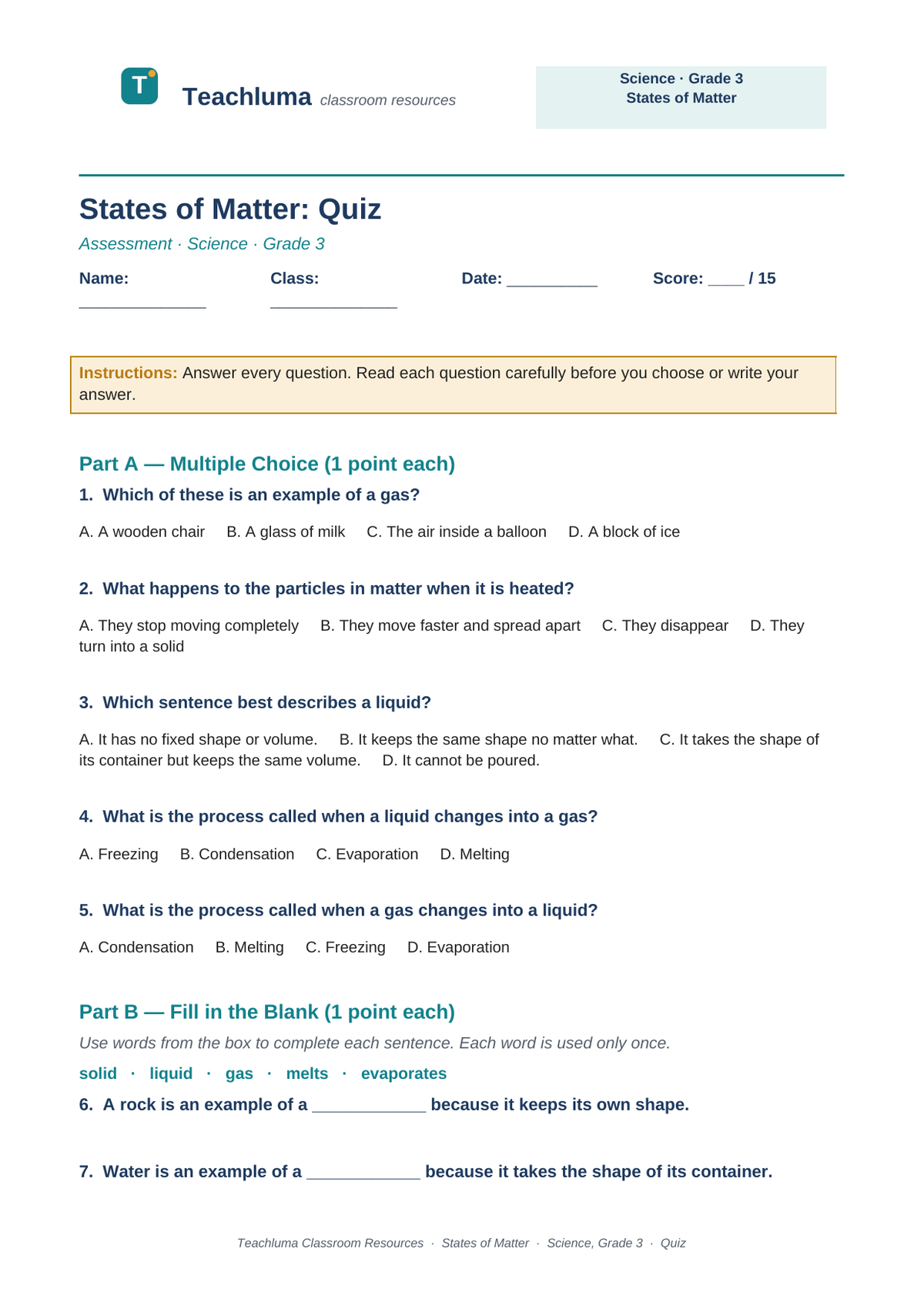 Grade 3 States of Matter Quiz