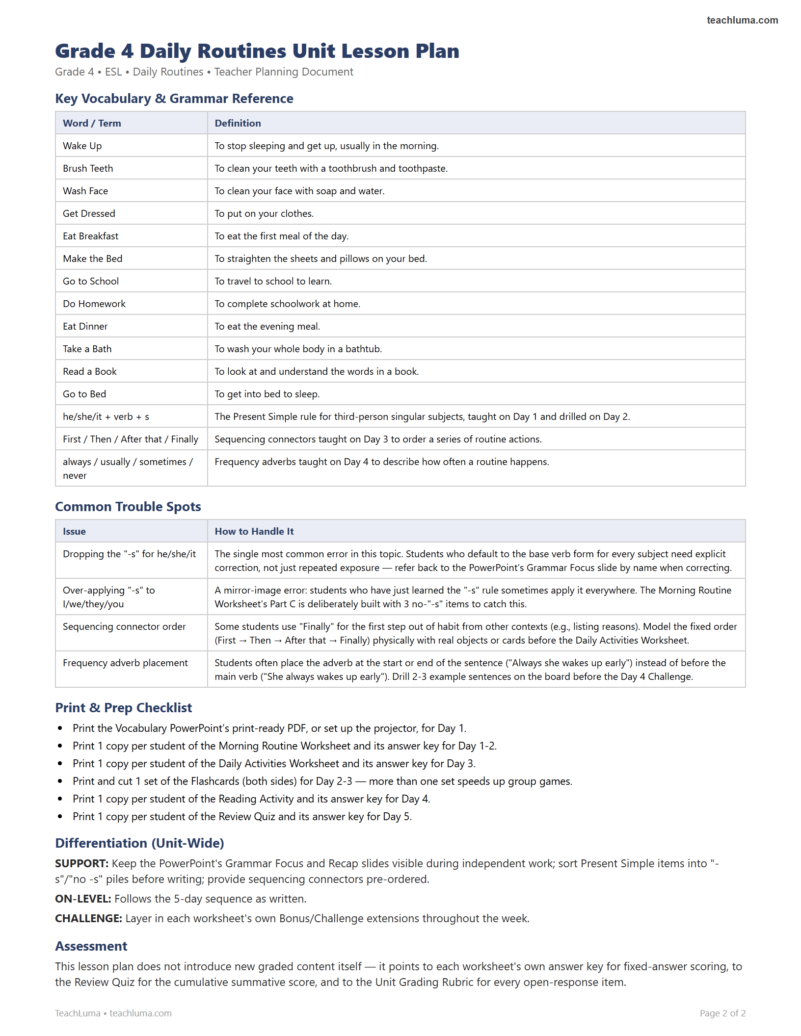 Preview of Grade 4 Daily Routines Unit Lesson Plan