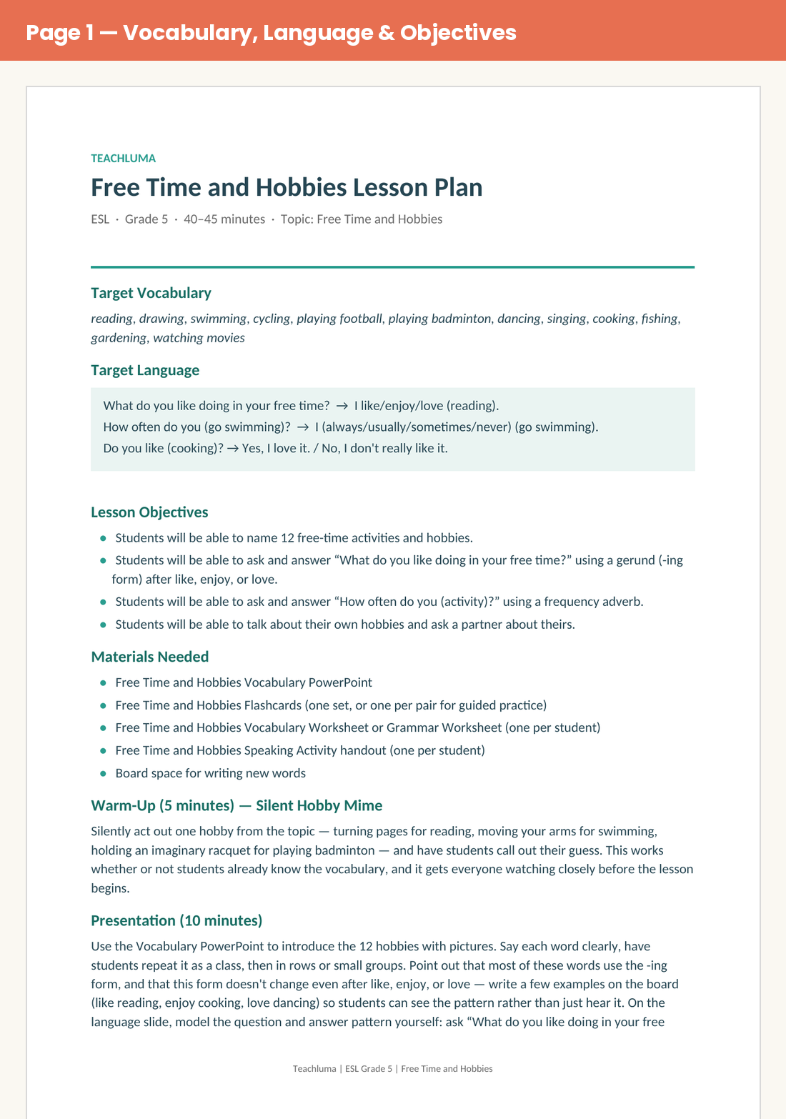 Grade 5 Free Time and Hobbies Lesson Plan