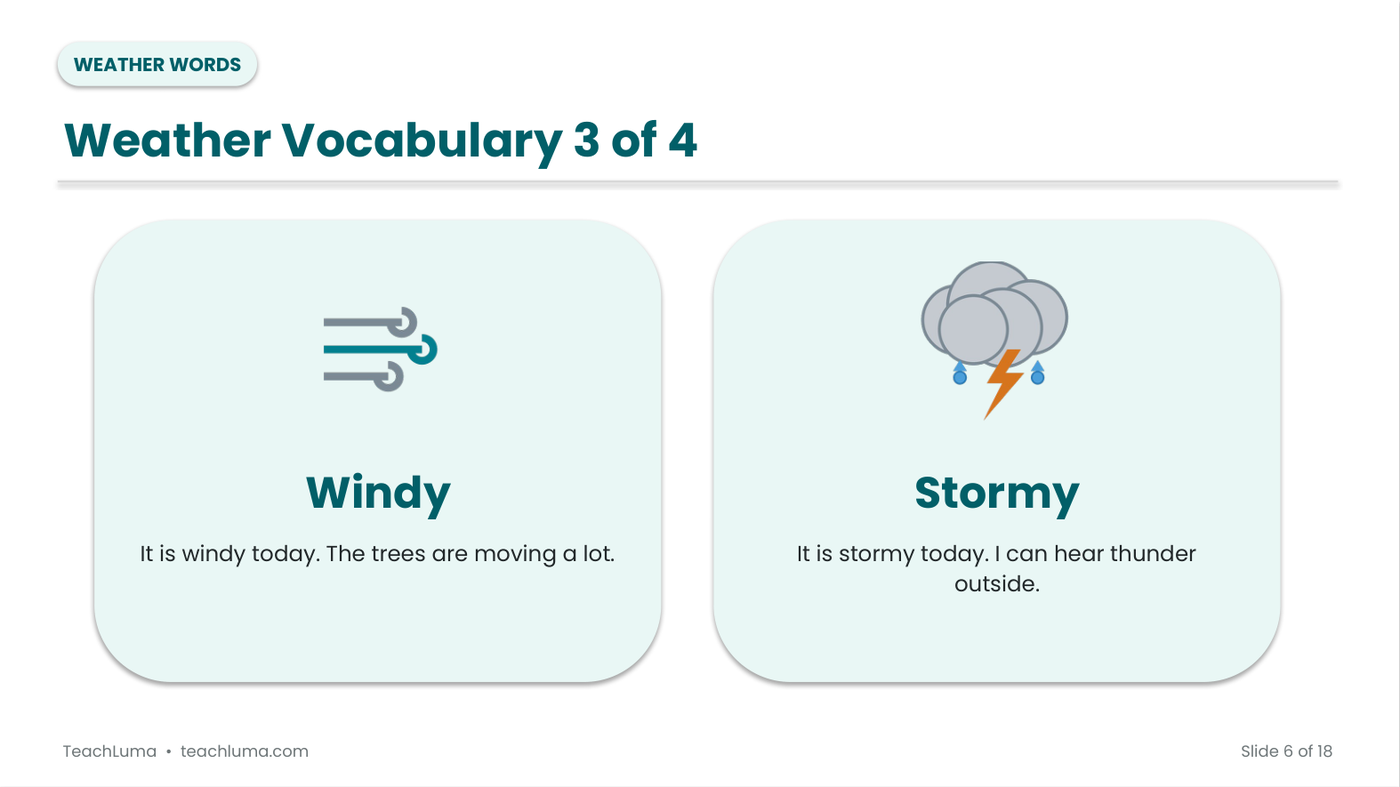 Preview of Grade 2 Weather and Seasons Vocabulary PowerPoint (18 Slides)