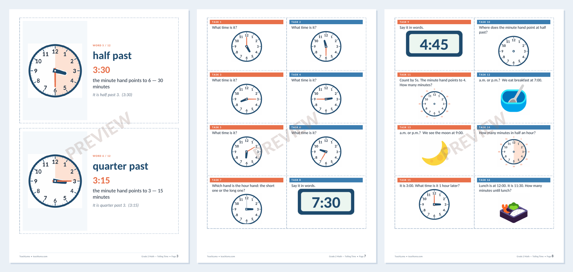 Preview of Grade 2 Math Flashcards and Task Cards: Telling Time
