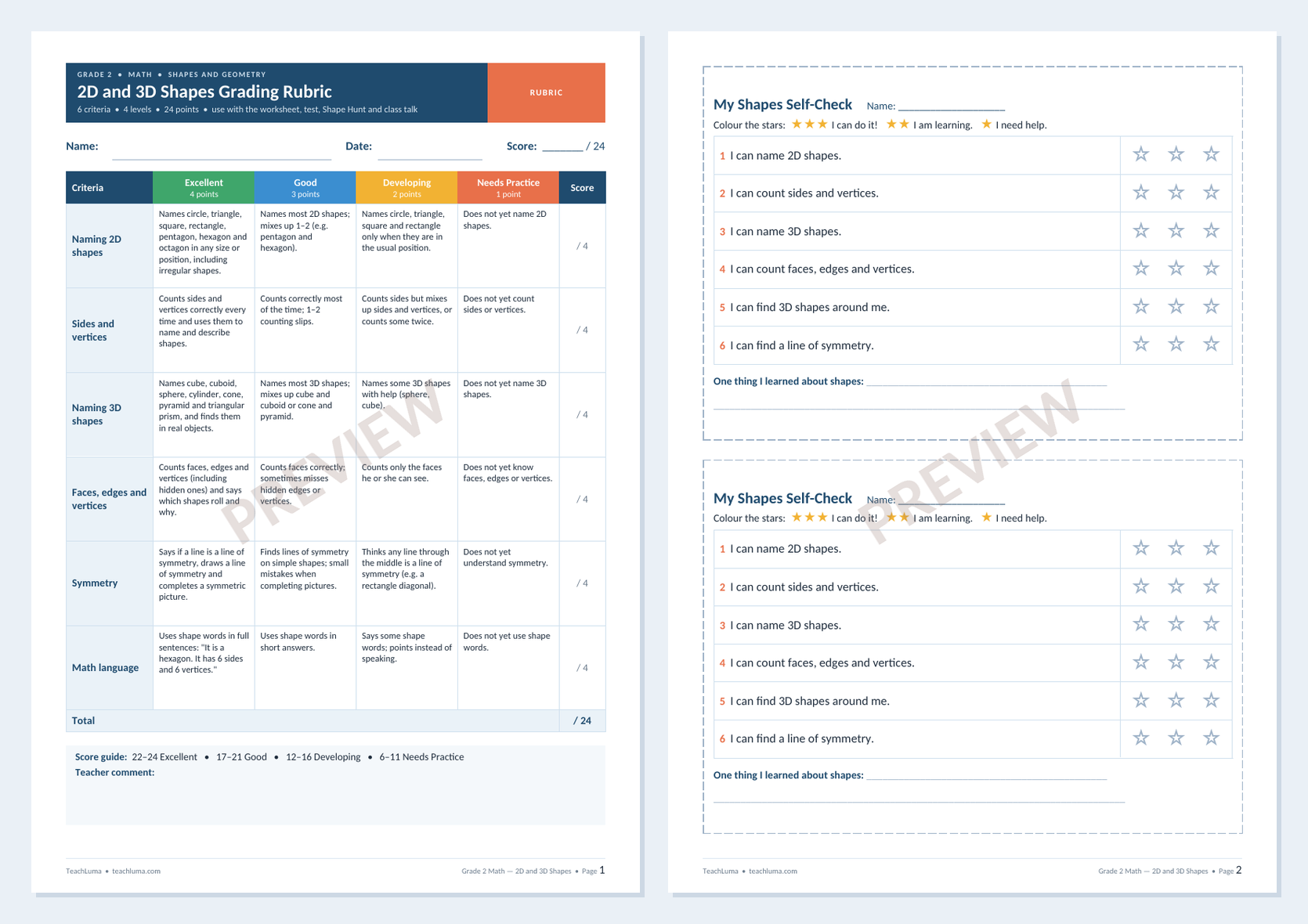 Preview of Grade 2 Math Grading Rubric: 2D and 3D Shapes + Student Self-Check