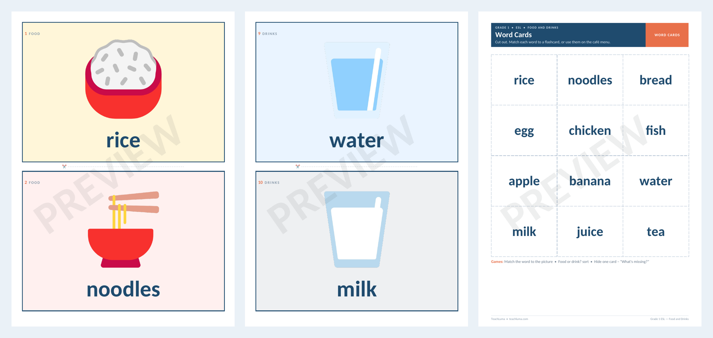 Preview of Grade 1 ESL Flashcards: Food and Drinks — 12 Picture Cards + Word Cards