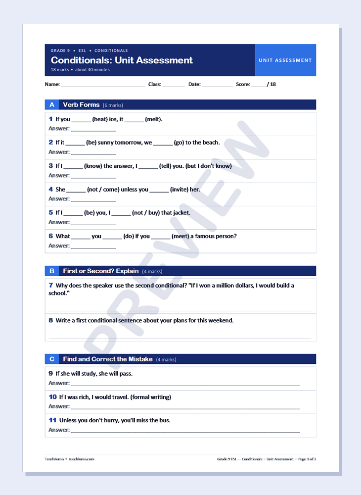 Preview of Grade 9 ESL Unit Assessment: First and Second Conditionals (18 Marks)