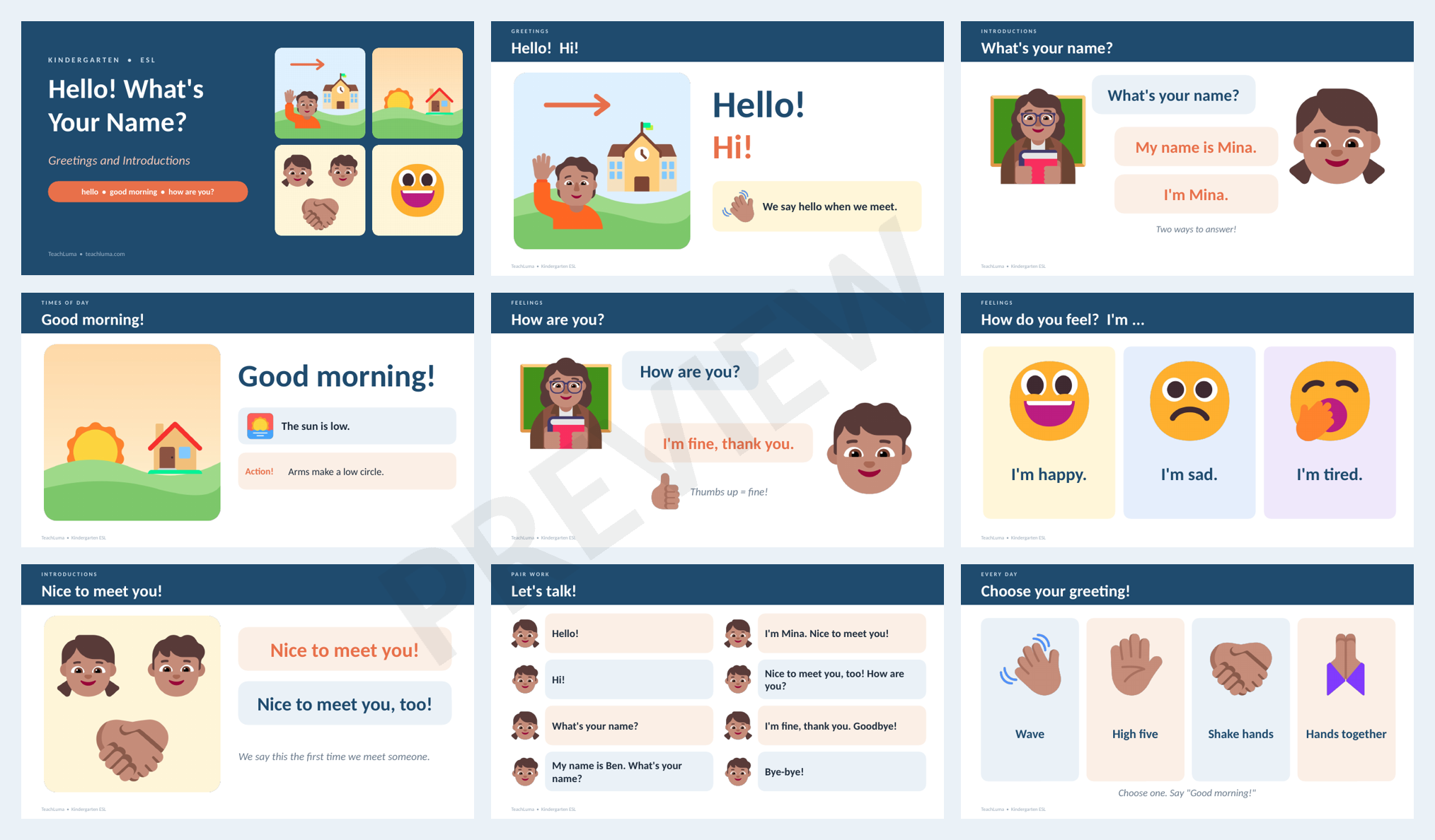 Preview of Kindergarten ESL PowerPoint: Greetings and Introductions — Hello, Good Morning, How Are You?
