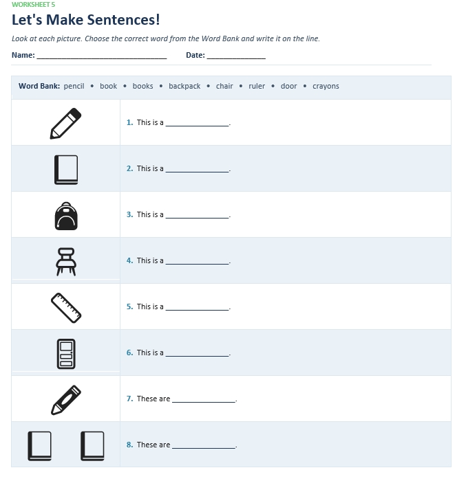 Classroom Objects Worksheet Packet For Grade 1 & 2