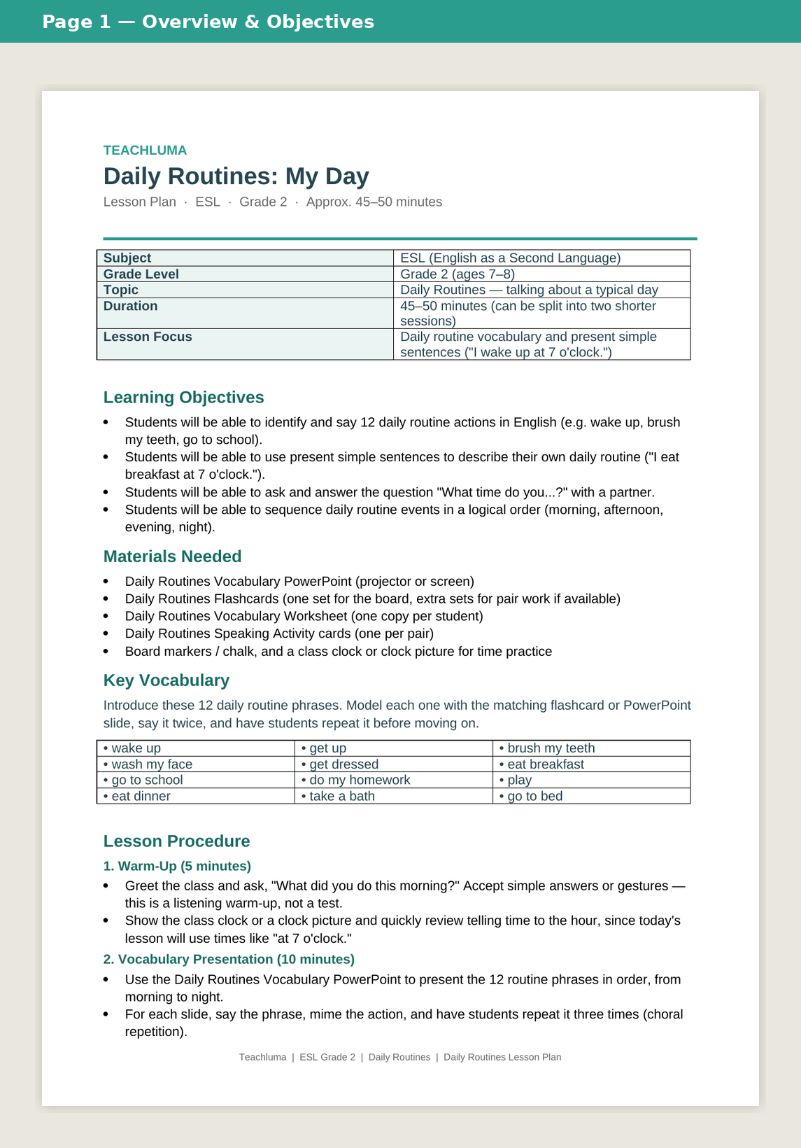 Grade 2 Daily Routines Lesson Plan: My Day