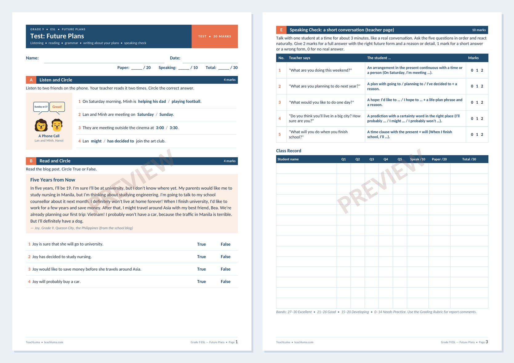 Preview of Grade 9 ESL Test: Future Plans — Paper and Speaking Check (30 Marks)