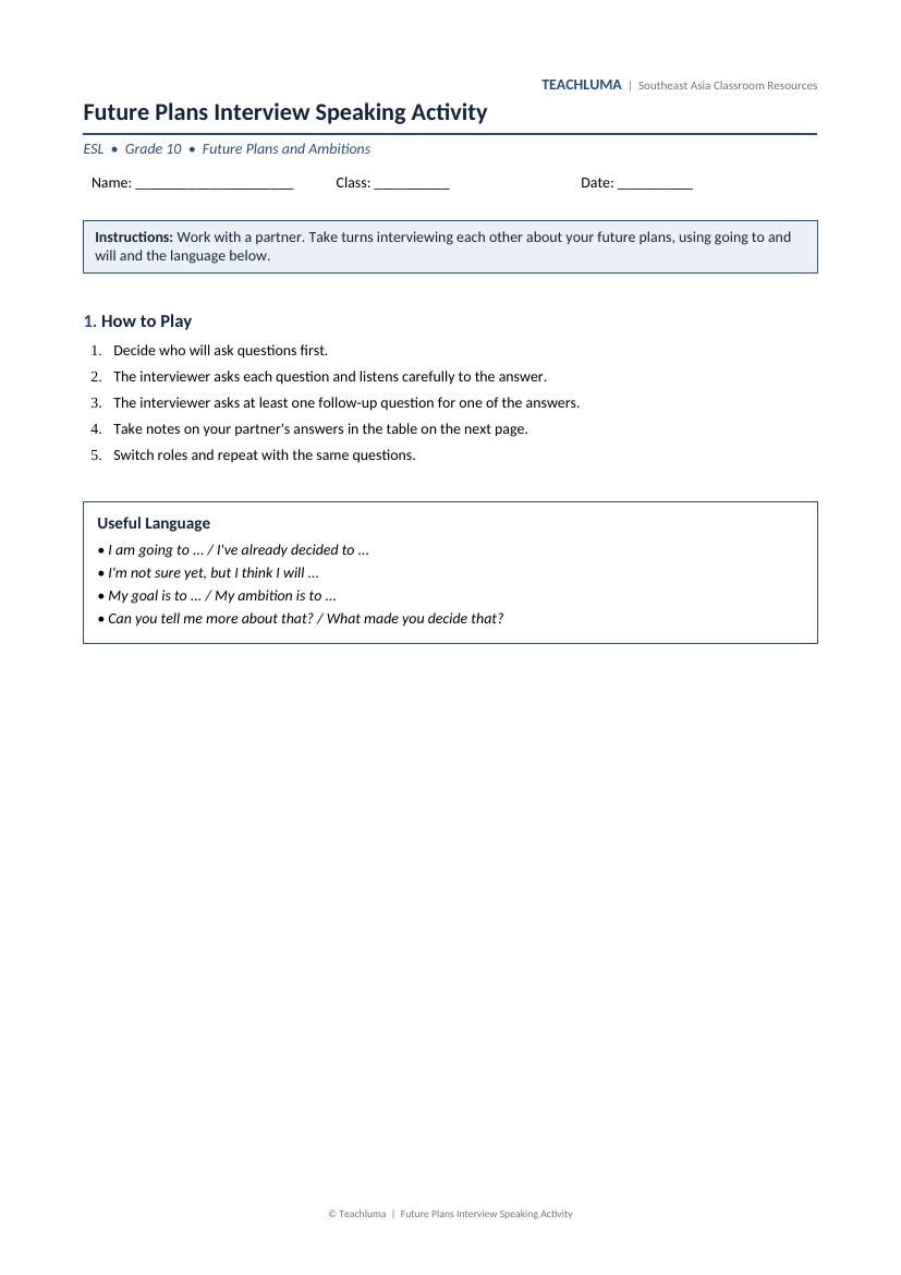 Grade 10 Future Plans Interview Speaking Activity