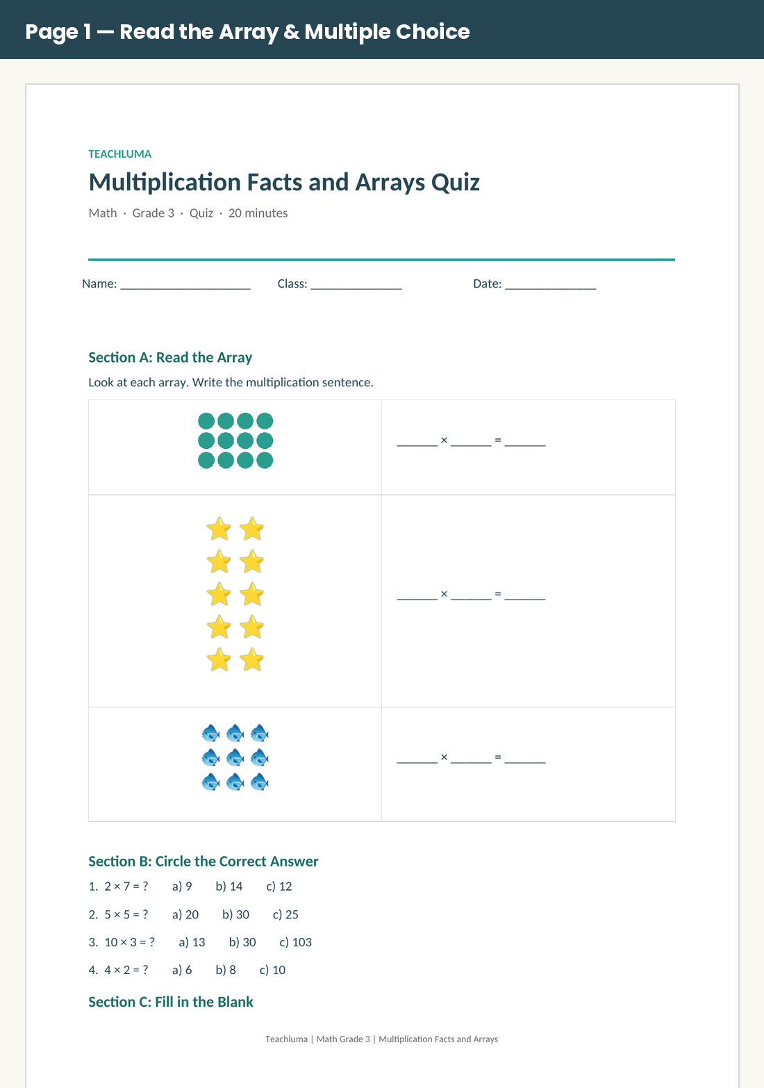 Grade 3 Multiplication Facts and Arrays Quiz