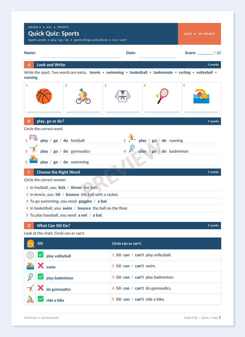Preview of Grade 4 ESL Quiz: Sports — 20-Mark Quick Quiz with Answer Key