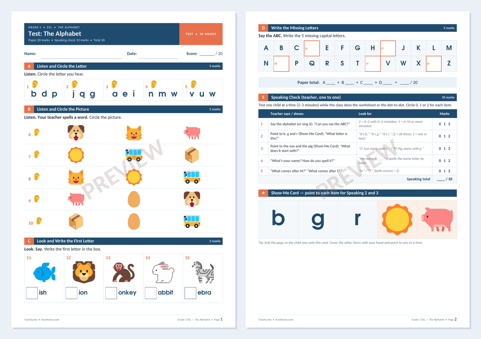 Preview of Grade 1 ESL Test: The Alphabet — Paper and Speaking Check (30 Marks)