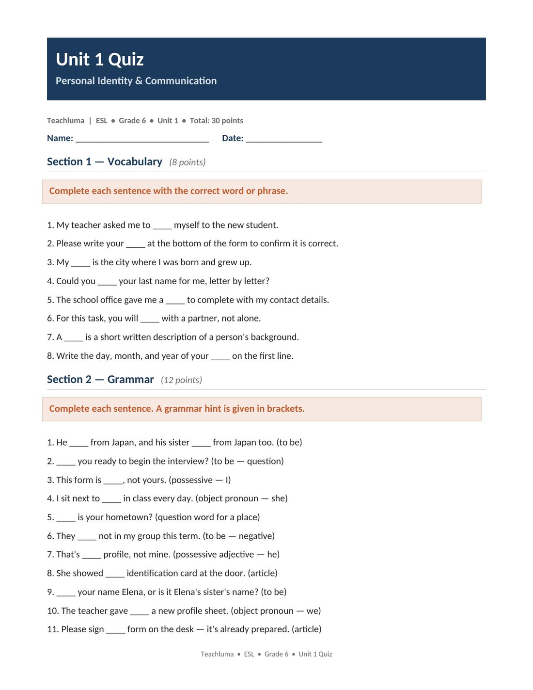 Unit 1 Quiz & Assessment — Personal Identity & Communication