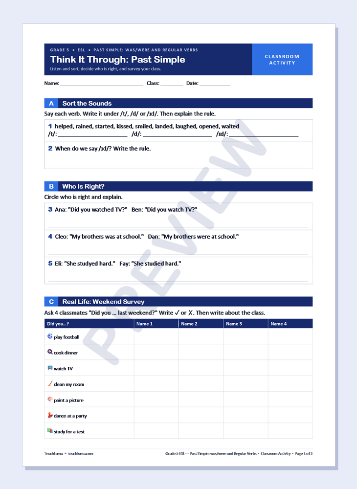 Preview of Grade 5 ESL Classroom Activity: Think It Through: Past Simple