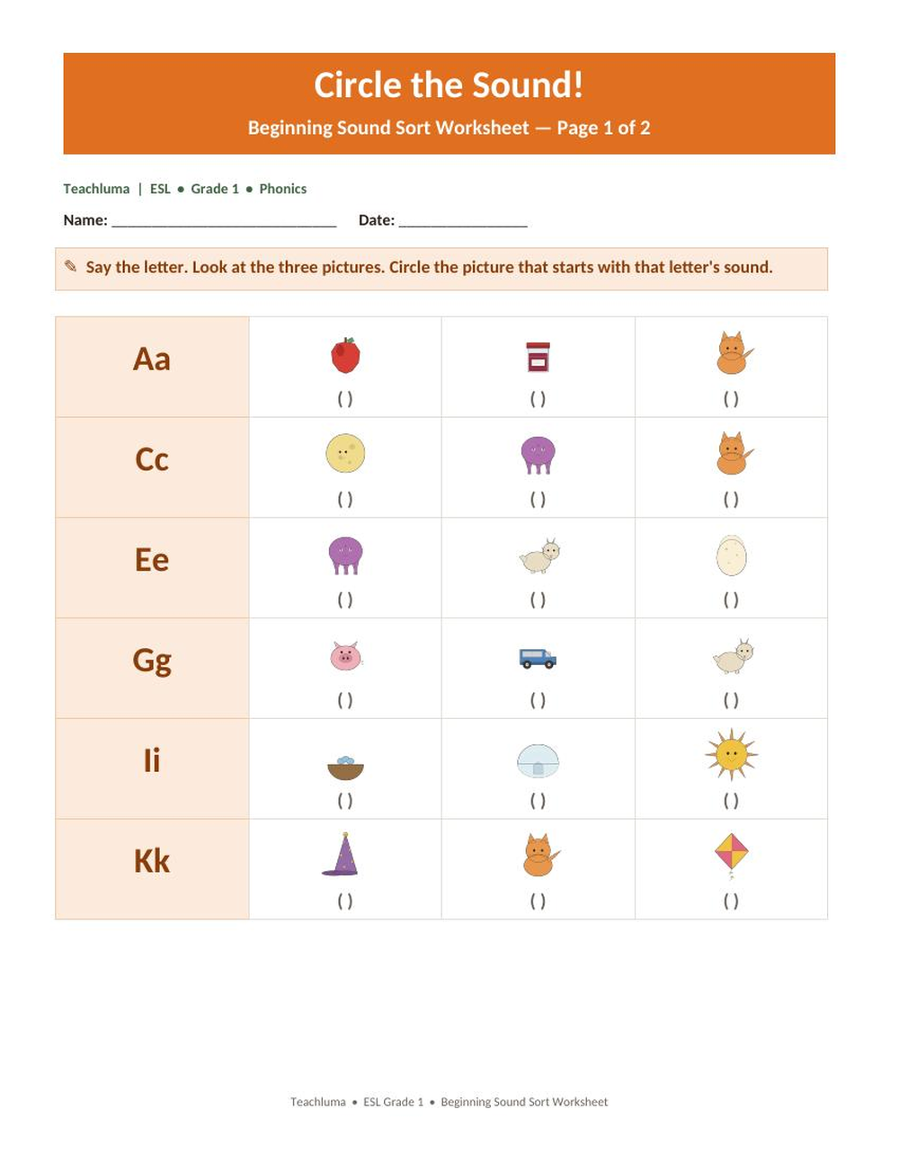 Beginning Sound Sort Worksheet