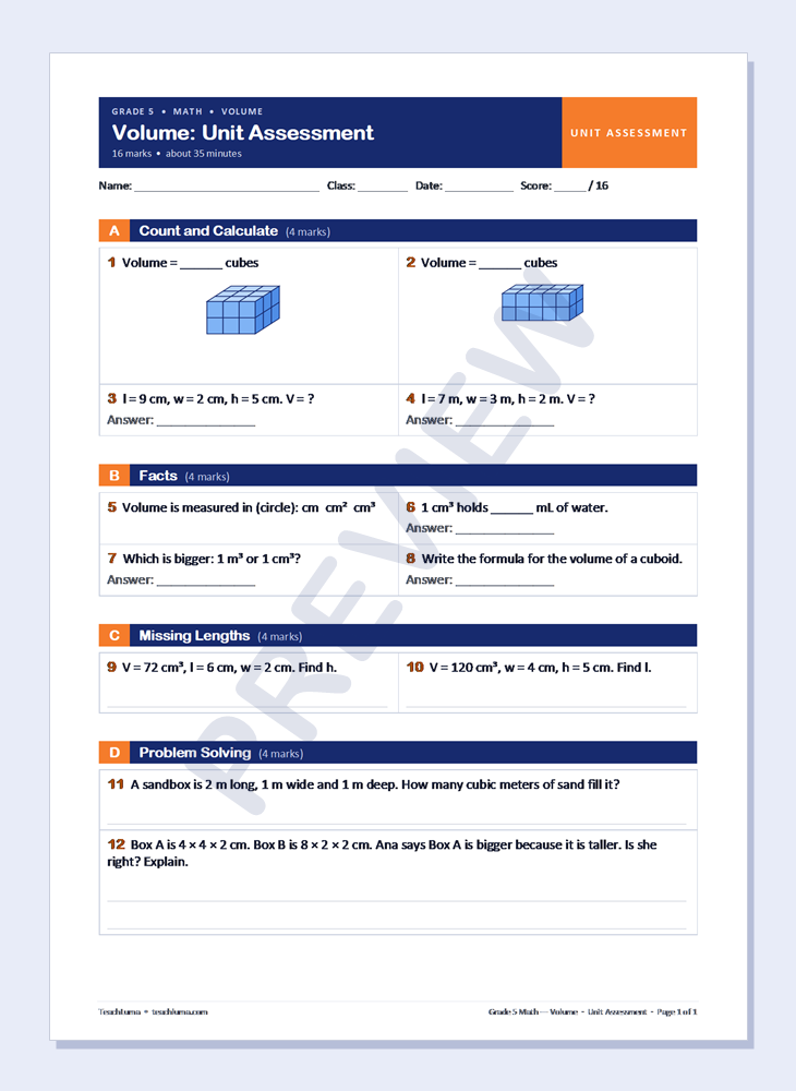 Preview of Grade 5 Math Unit Assessment: Volume of Cuboids (16 Marks)