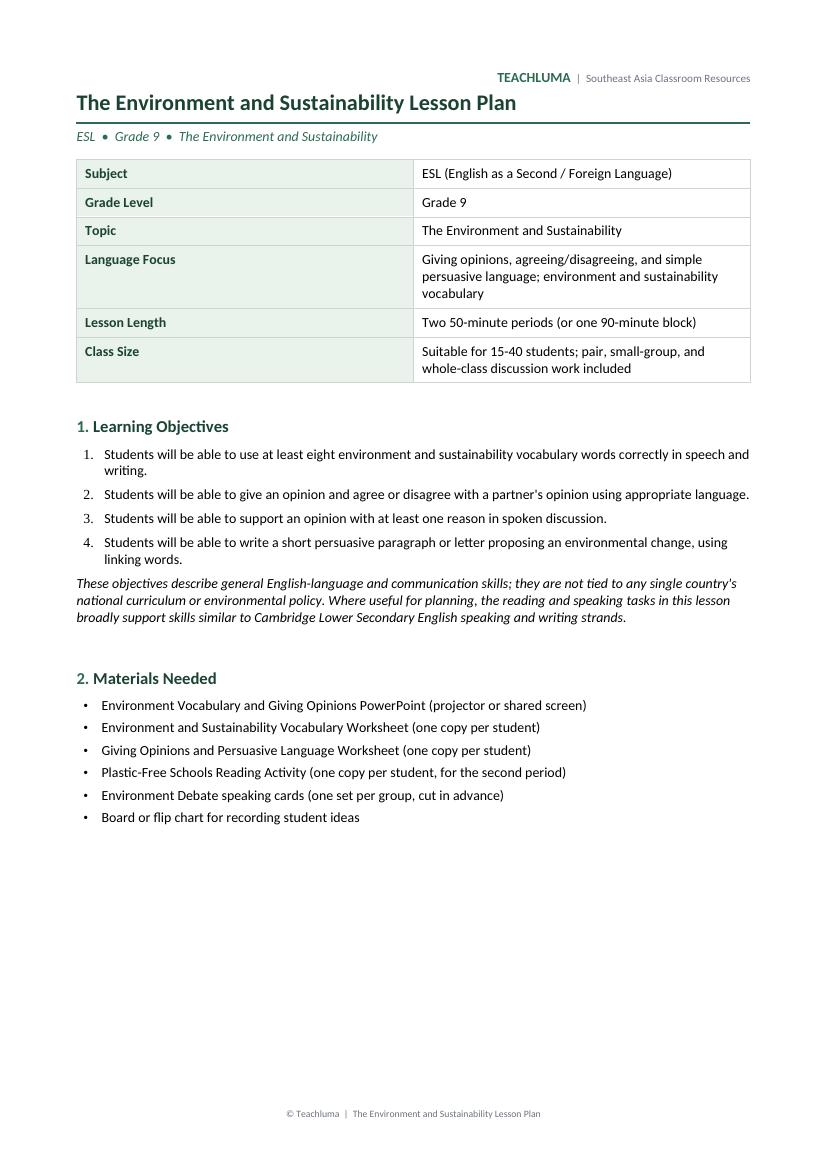 Grade 9 The Environment and Sustainability Lesson Plan