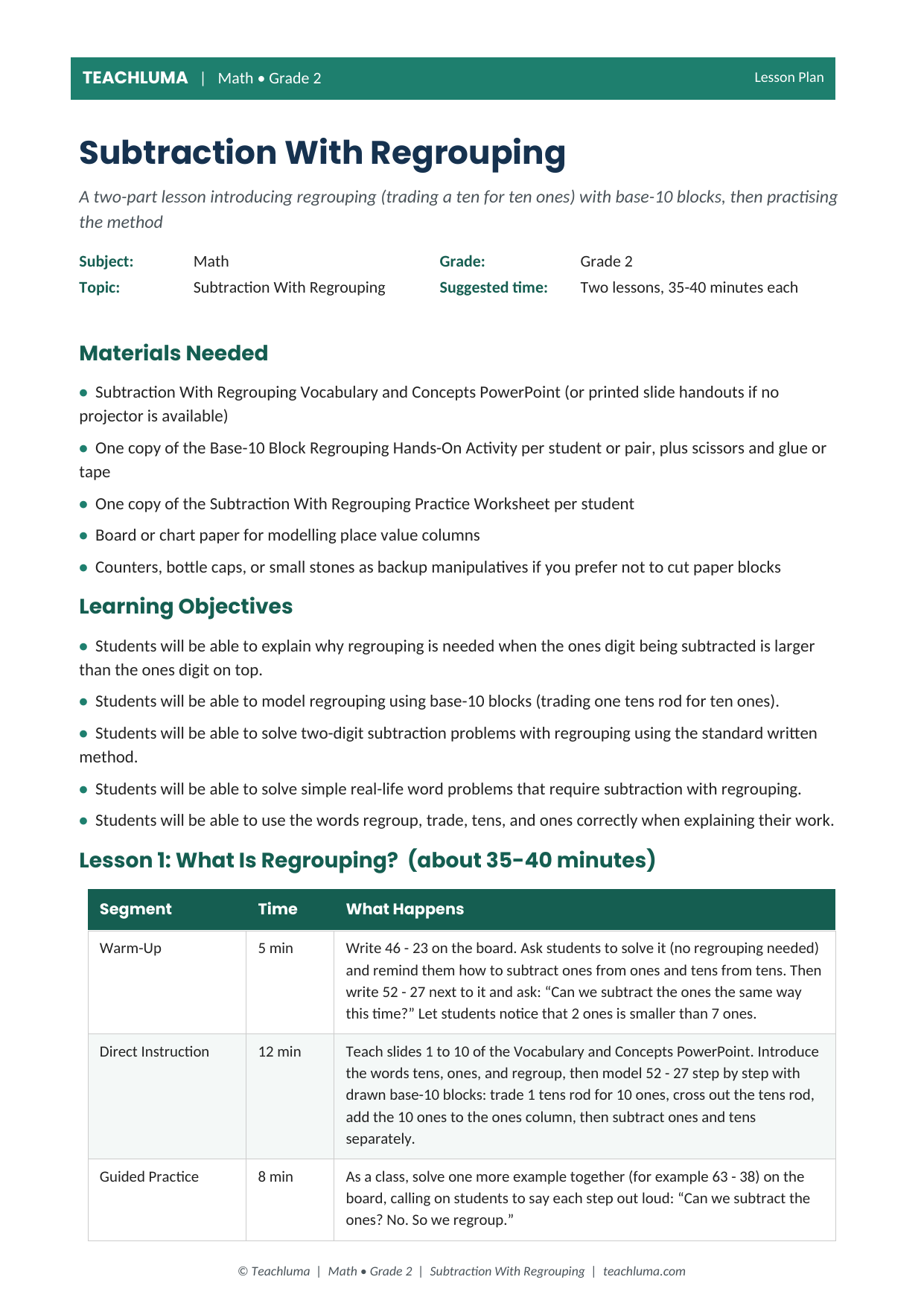 Grade 2 Subtraction With Regrouping Lesson Plan