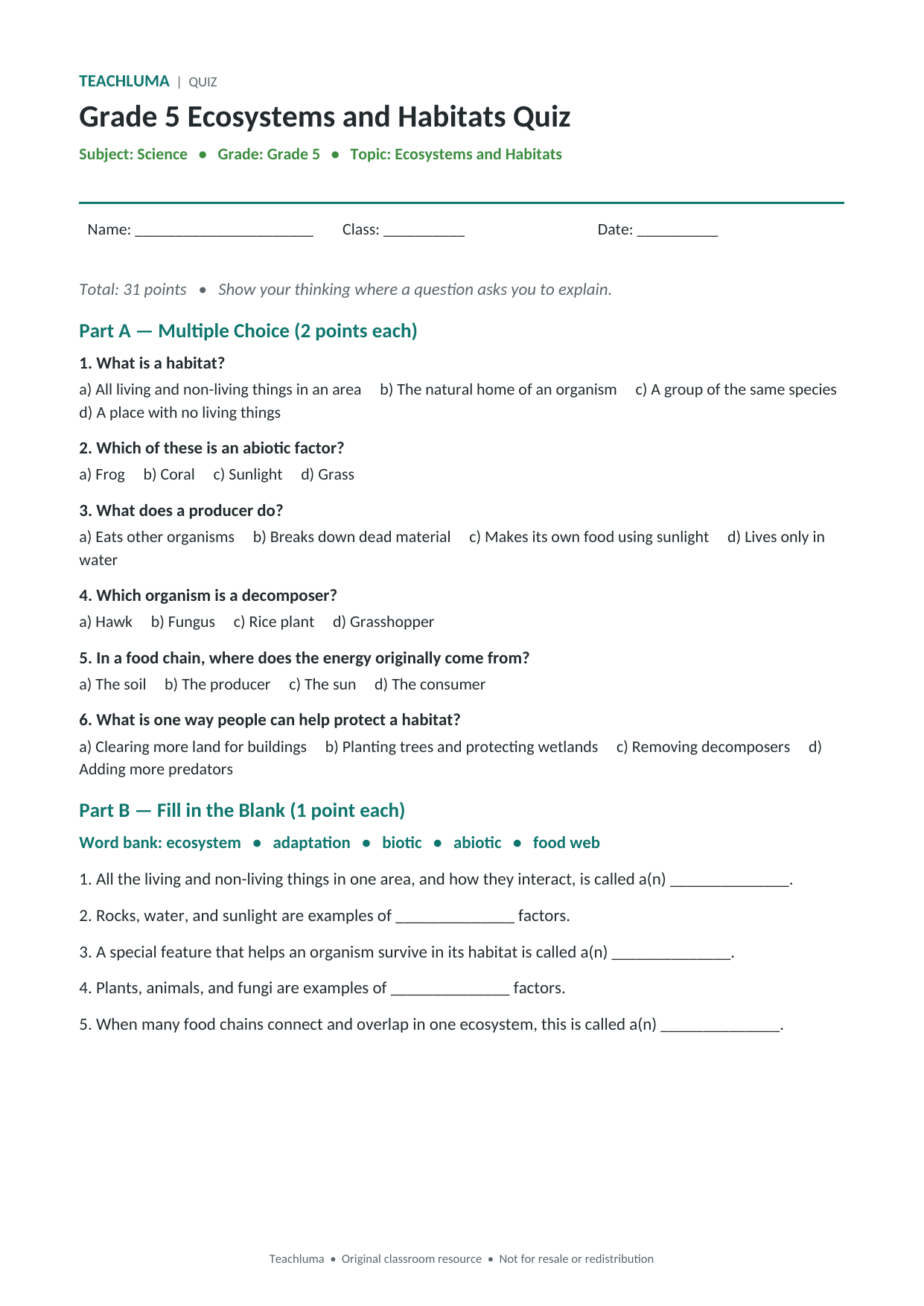 Grade 5 Ecosystems and Habitats Quiz