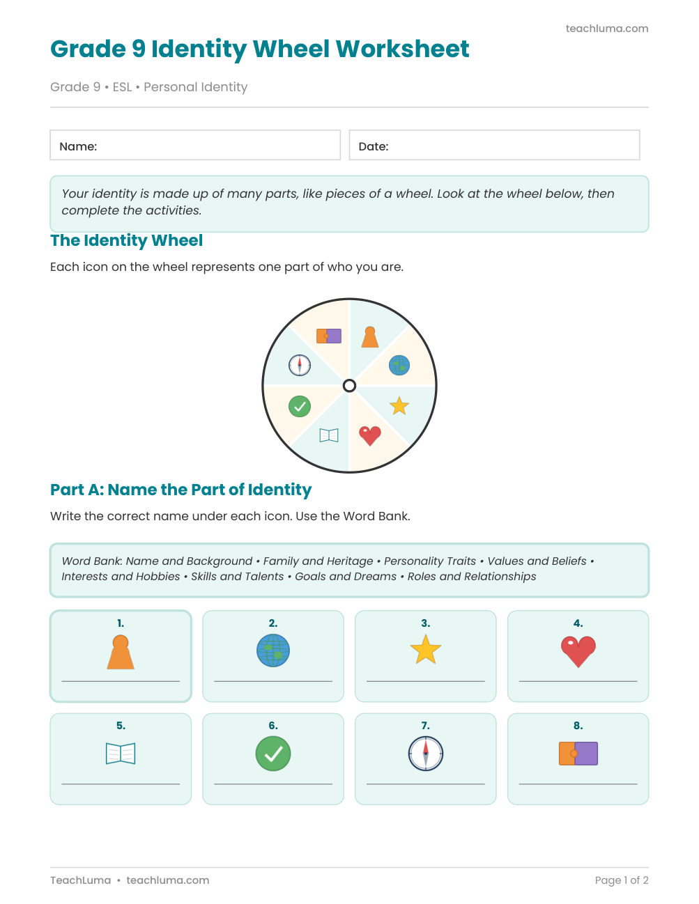 Preview of Grade 9 Identity Wheel Worksheet (with Answer Key)