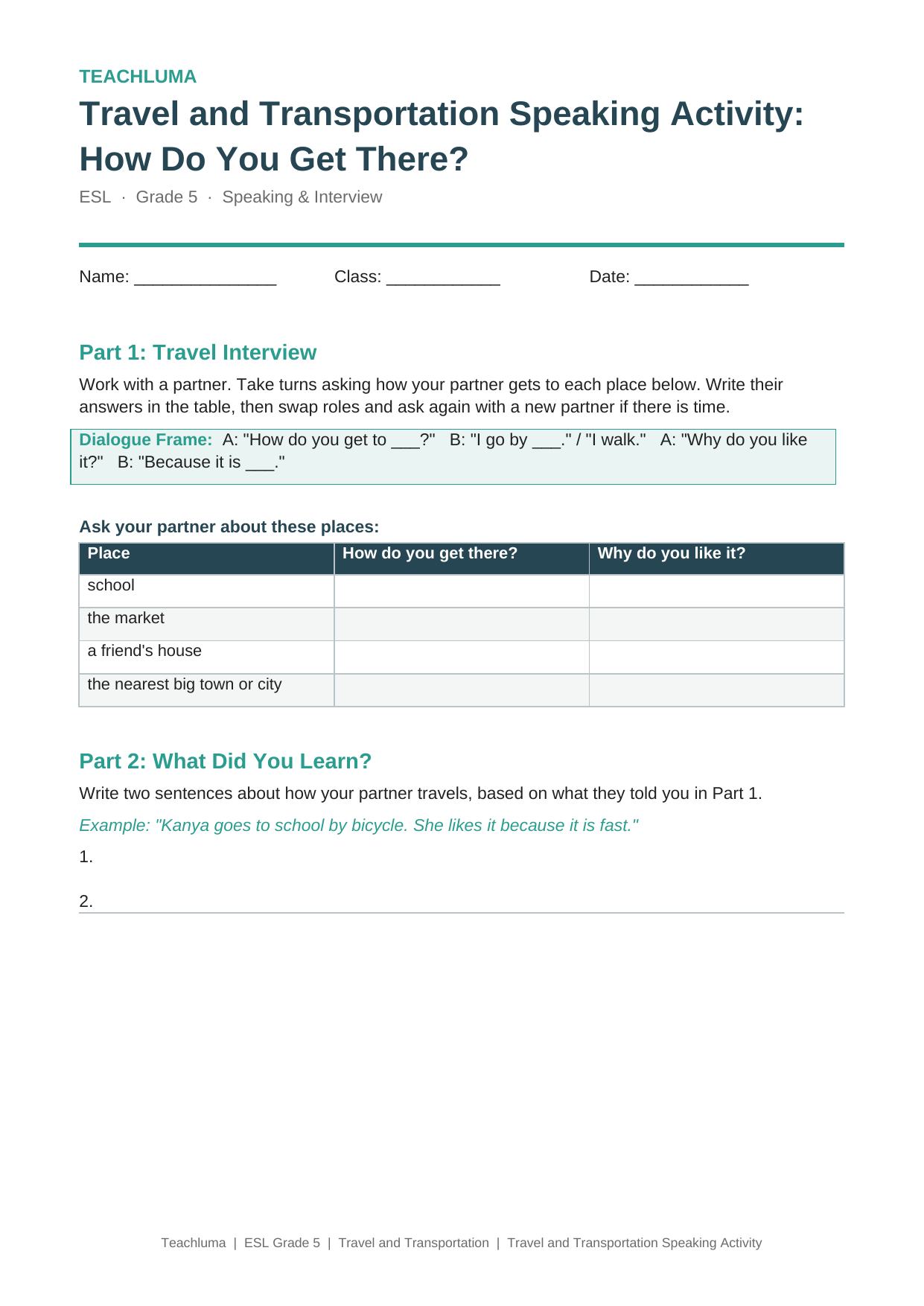 Grade 5 Travel and Transportation Speaking Activity: How Do You Get There?