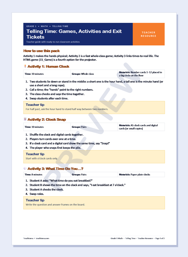 Preview of Grade 1 Math Teacher Resources: Telling Time — Games, Activities and Exit Tickets