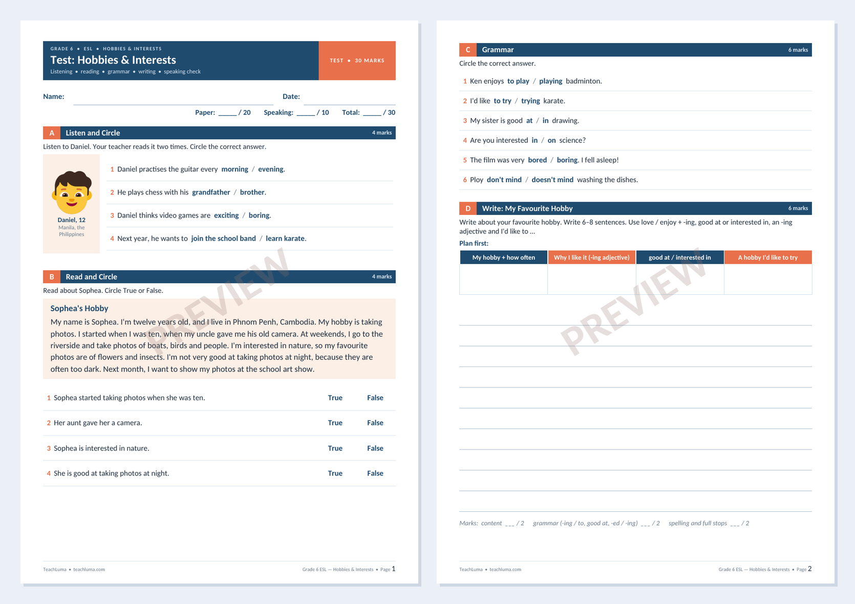 Preview of Grade 6 ESL Test: Hobbies & Interests — Paper and Speaking Check (30 Marks)