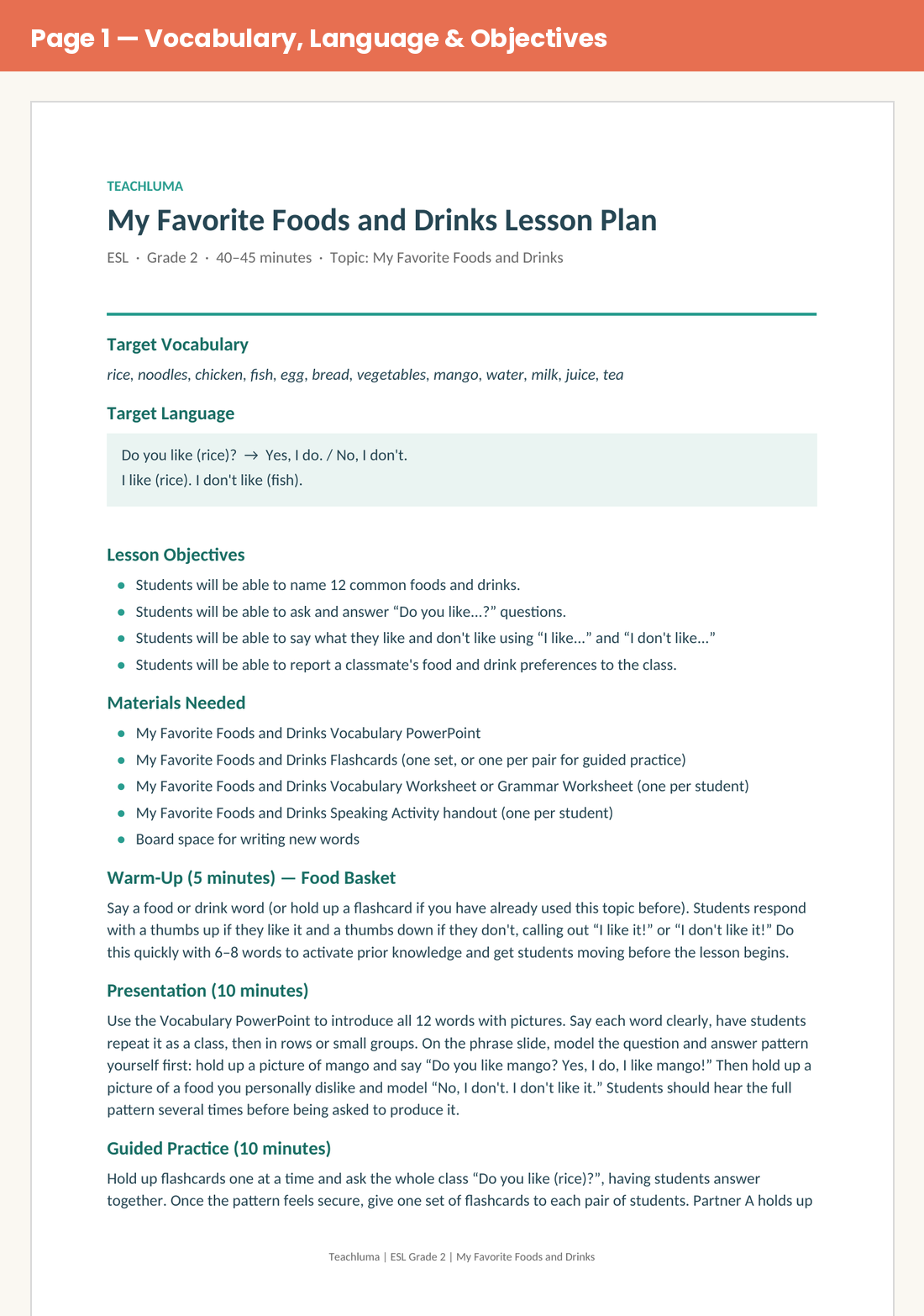 Grade 2 My Favorite Foods and Drinks Lesson Plan