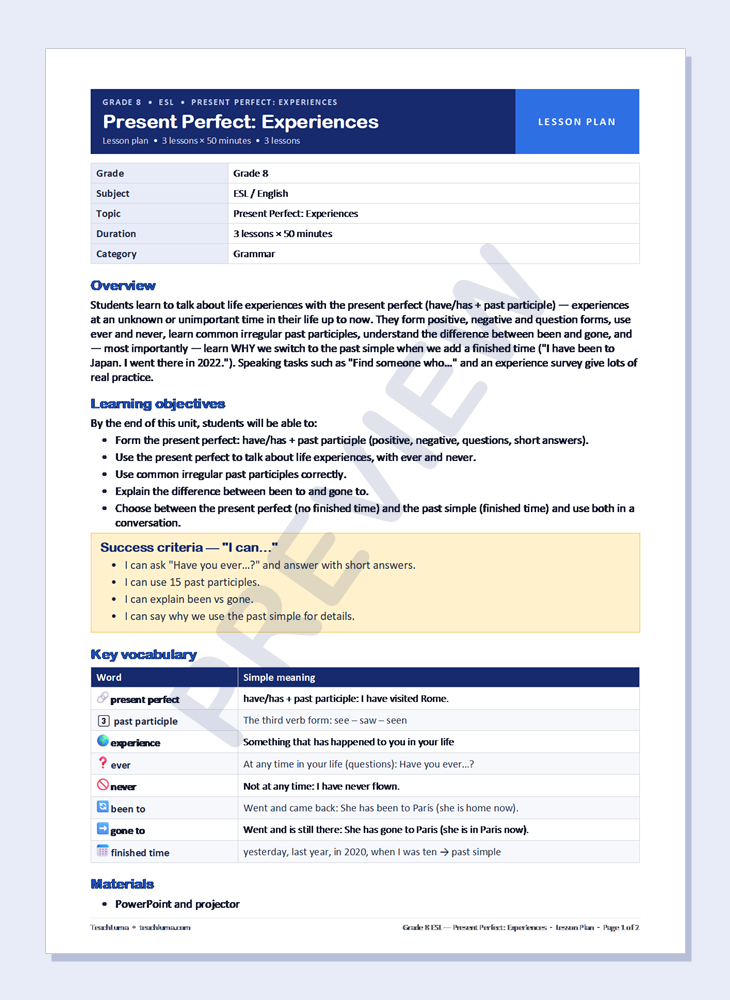 Preview of Grade 8 ESL Lesson Plan: Present Perfect — Experiences