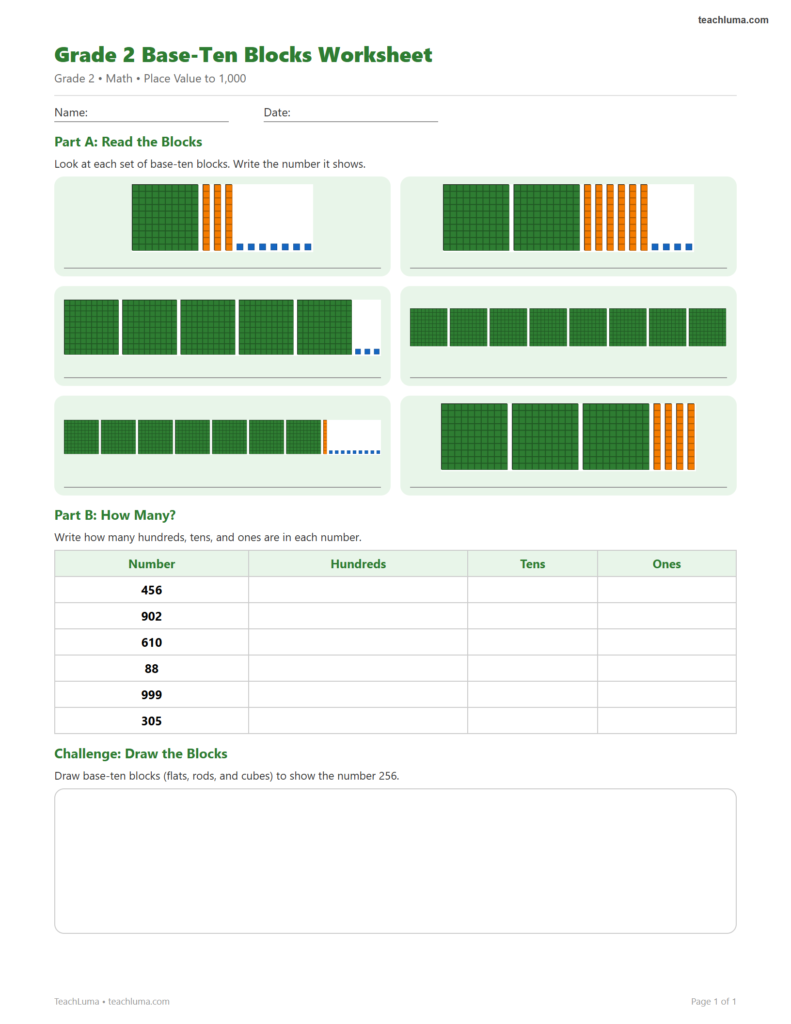 Preview of Grade 2 Base-Ten Blocks Worksheet