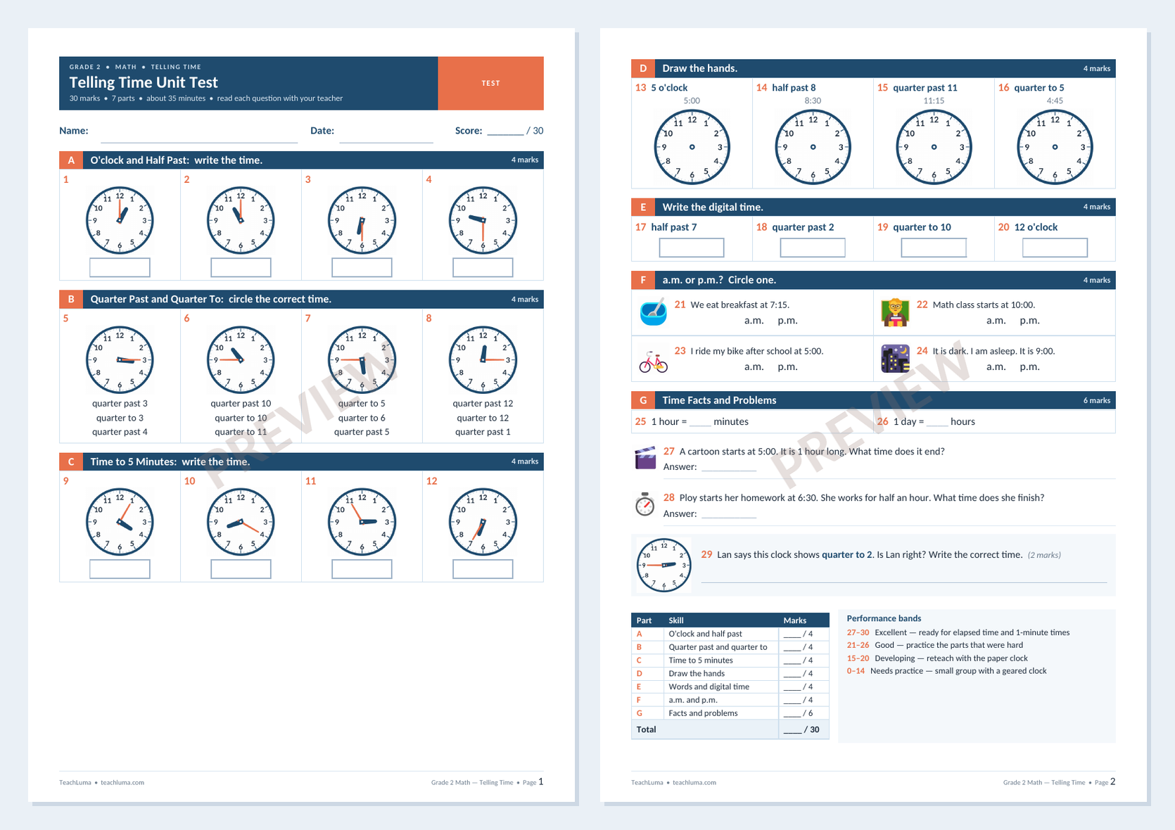 Preview of Grade 2 Math Unit Test: Telling Time (30 Marks)
