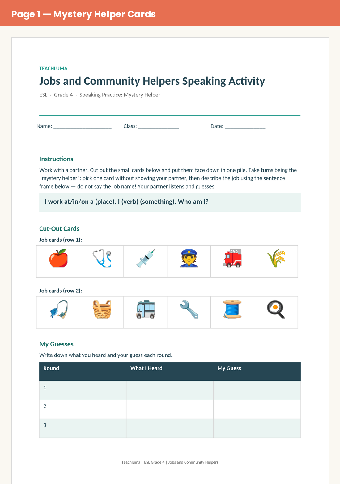 Grade 4 Jobs and Community Helpers Speaking Activity: Mystery Helper