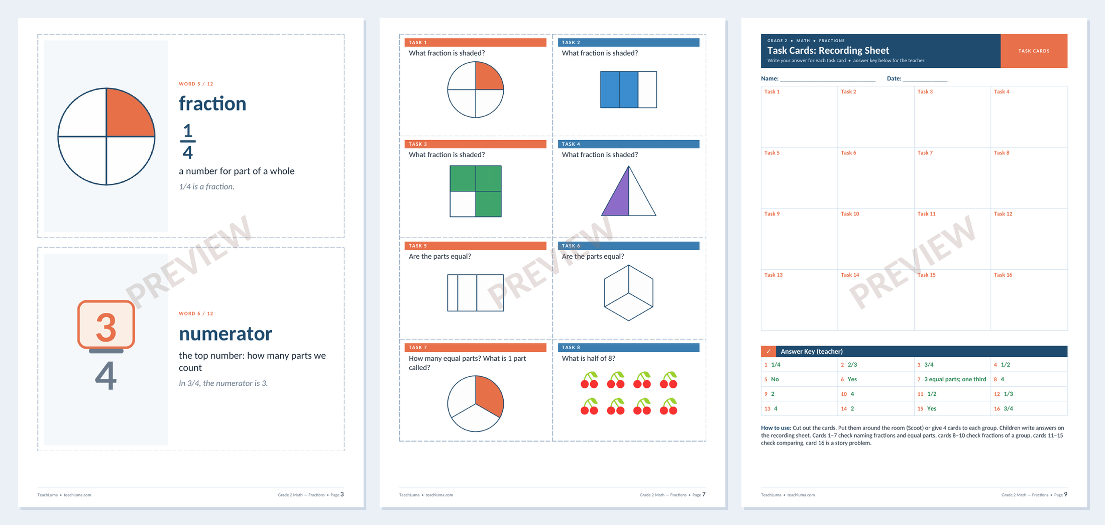Preview of Grade 2 Math Flashcards and Task Cards: Fractions